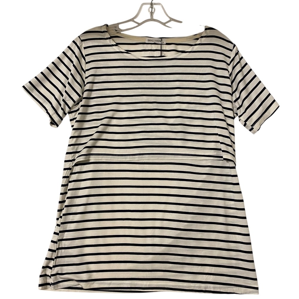 Smallshow Nursing T-shirt M Striped White Black Short Sleeve Modal Stretch NWT